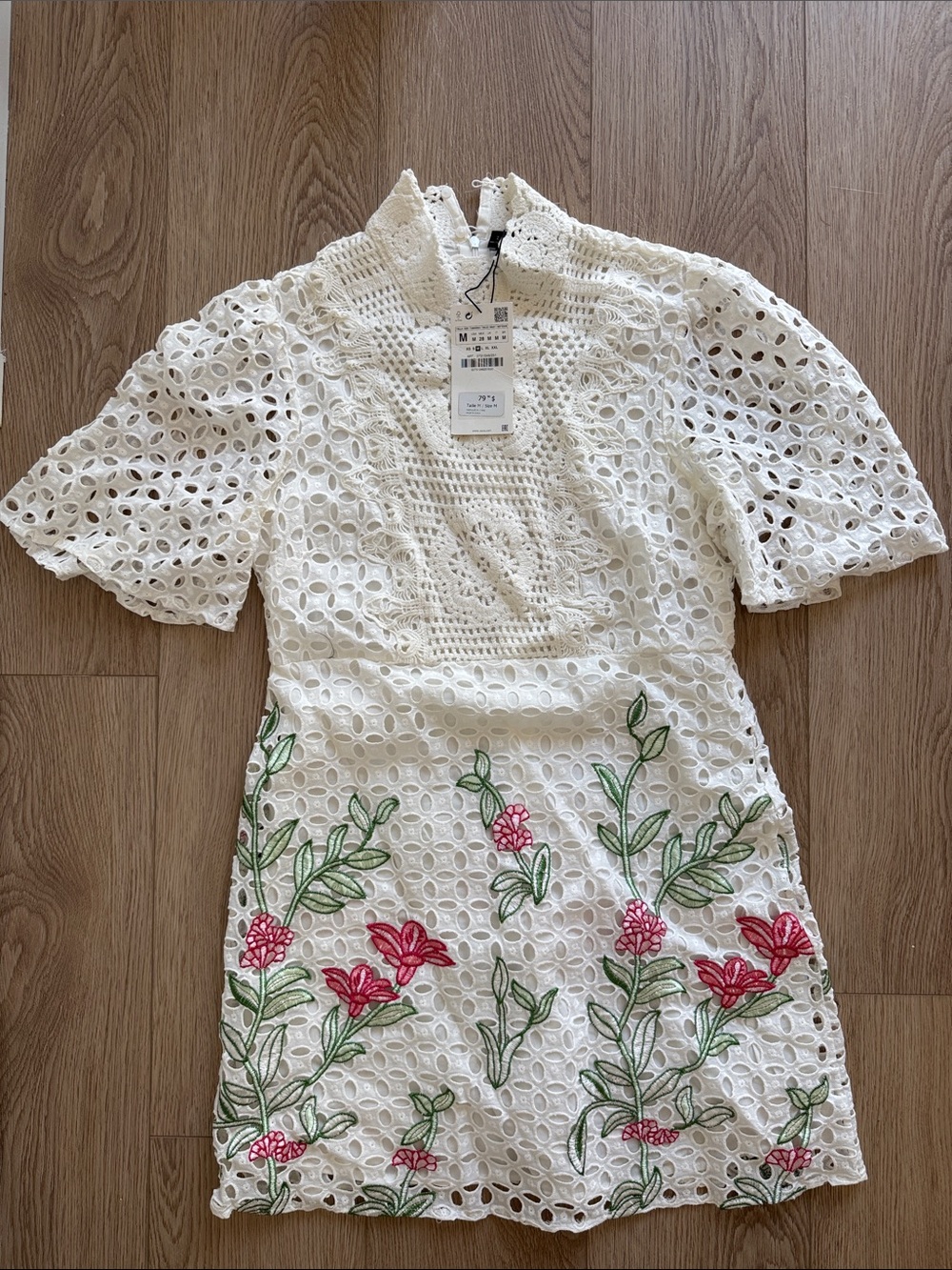 Zara White Eyelet Mini Dress with Pink & Green Floral Embroidery